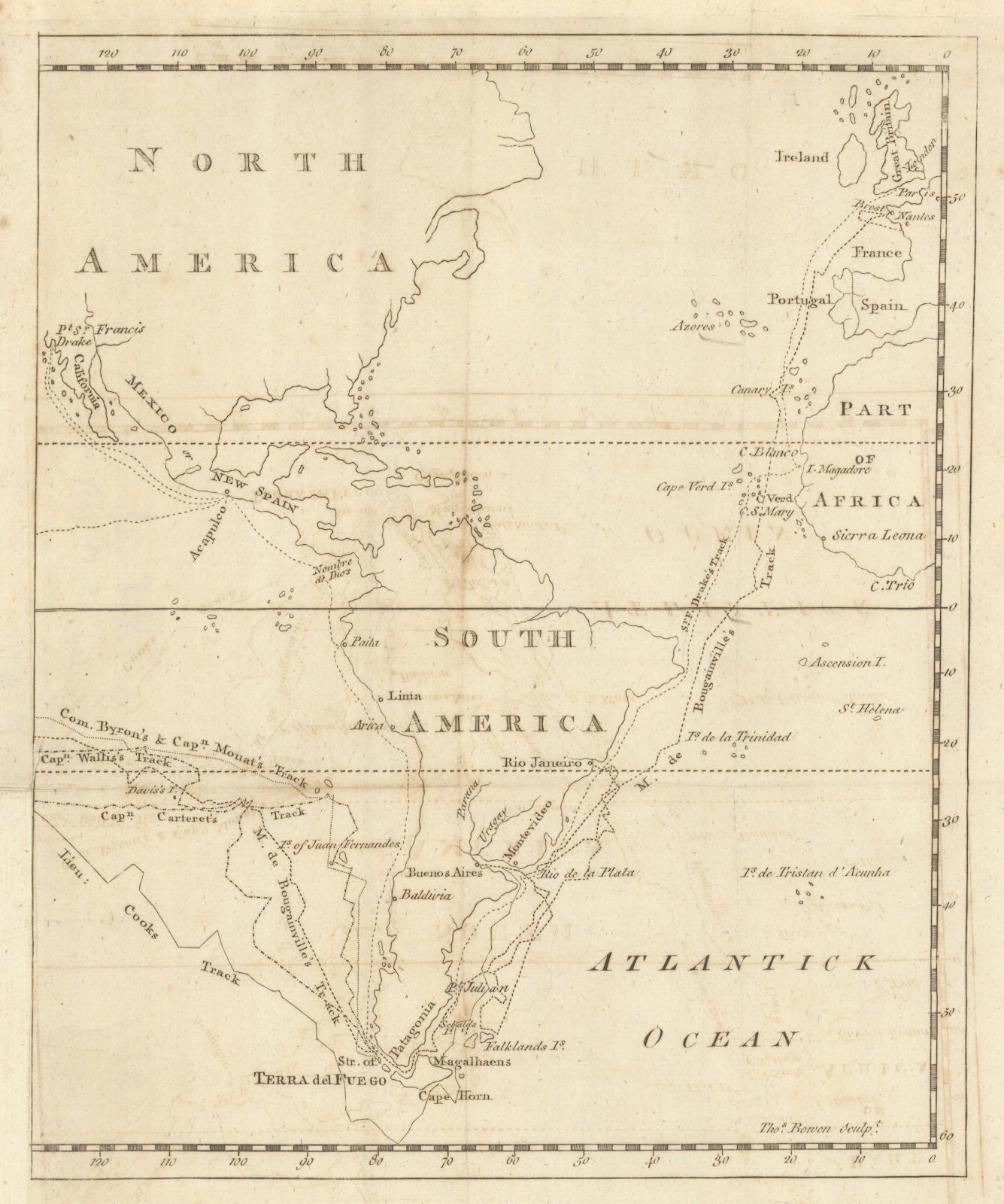 Americas. Track of Drake Cook Bougainville Byron Carteret Wallis. Bowen 1773 map